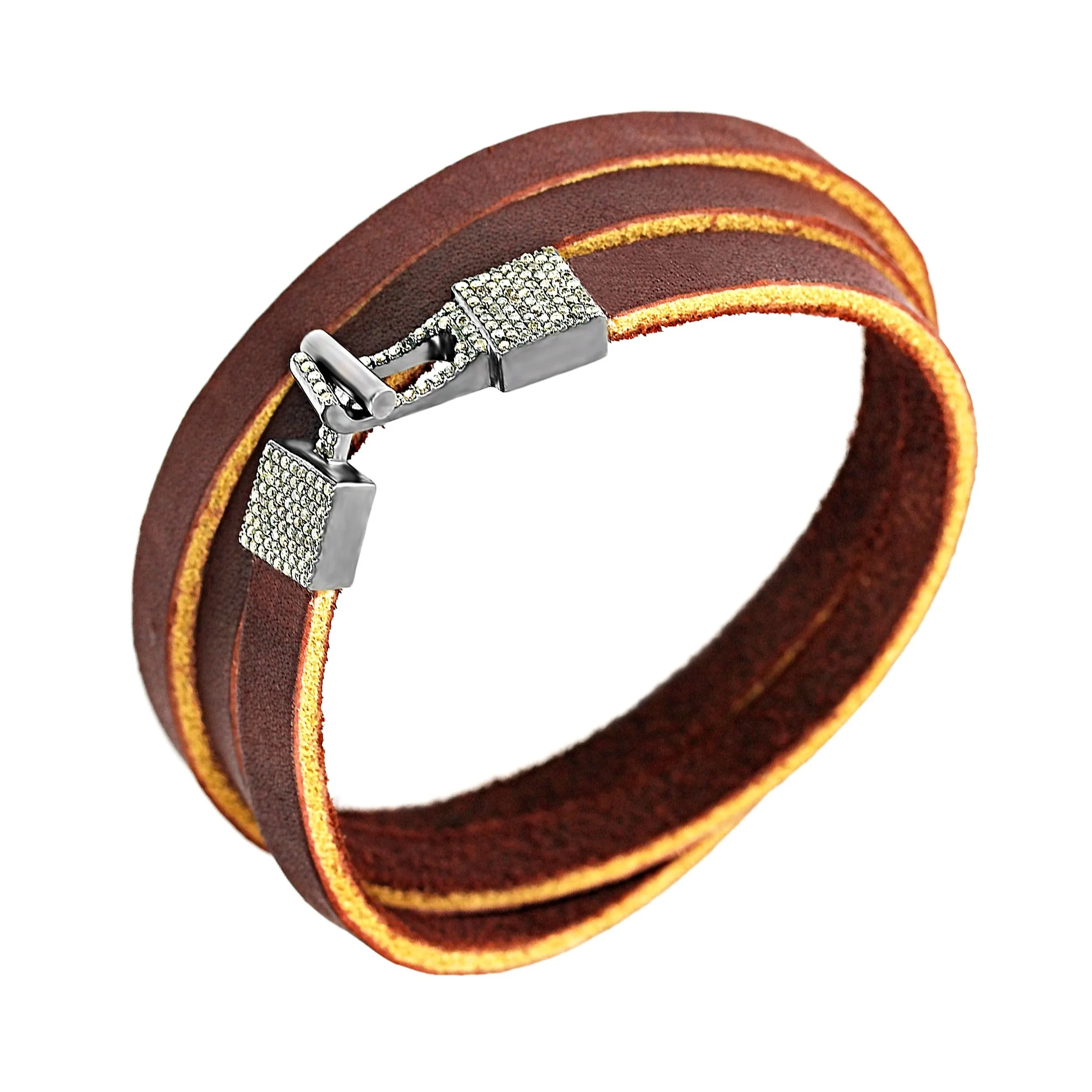 0.83ct Fancy Diamonds in 925 Sterling Silver Buckle Triple Wrap Brown Leather Bracelet