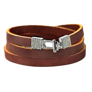 0.83ct Fancy Diamonds in 925 Sterling Silver Buckle Triple Wrap Brown Leather Bracelet