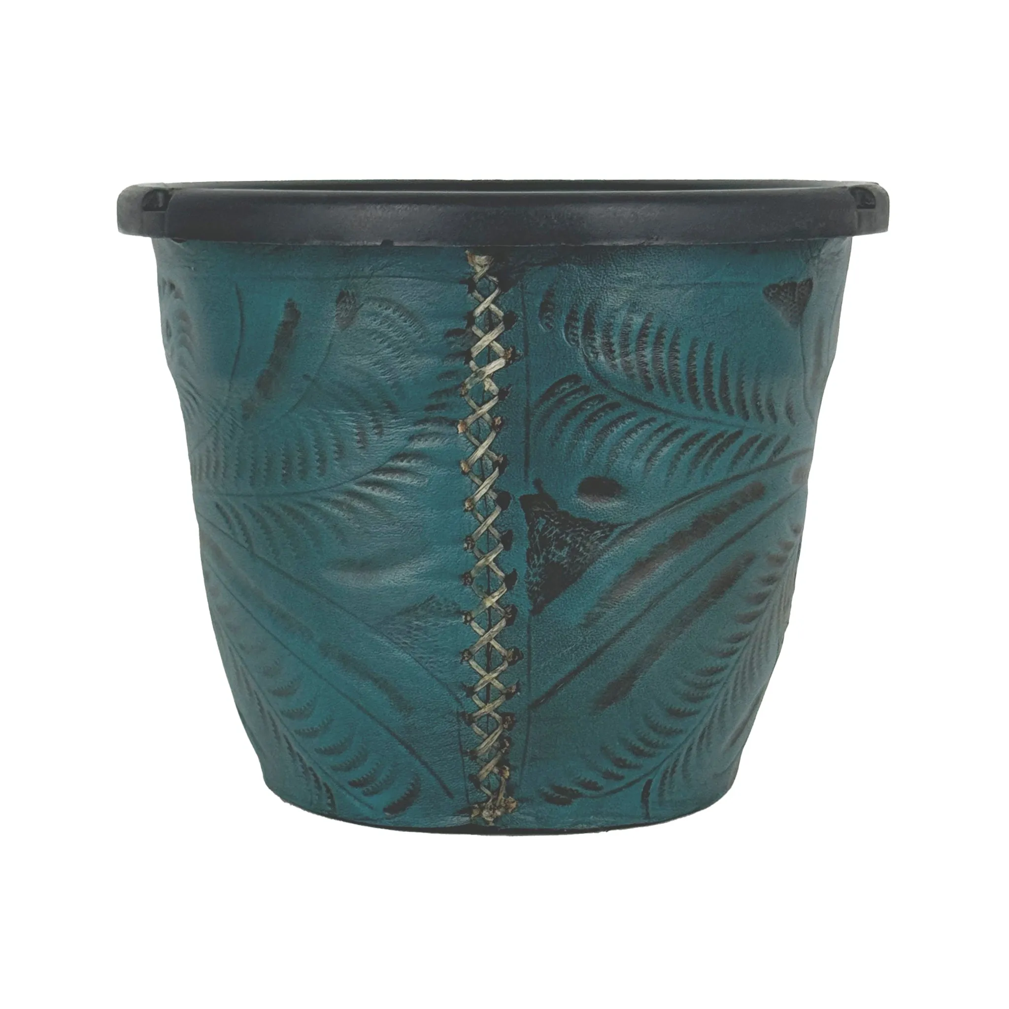 American West at Home 6.5" Round Planter with Tooled Leather - Medium
