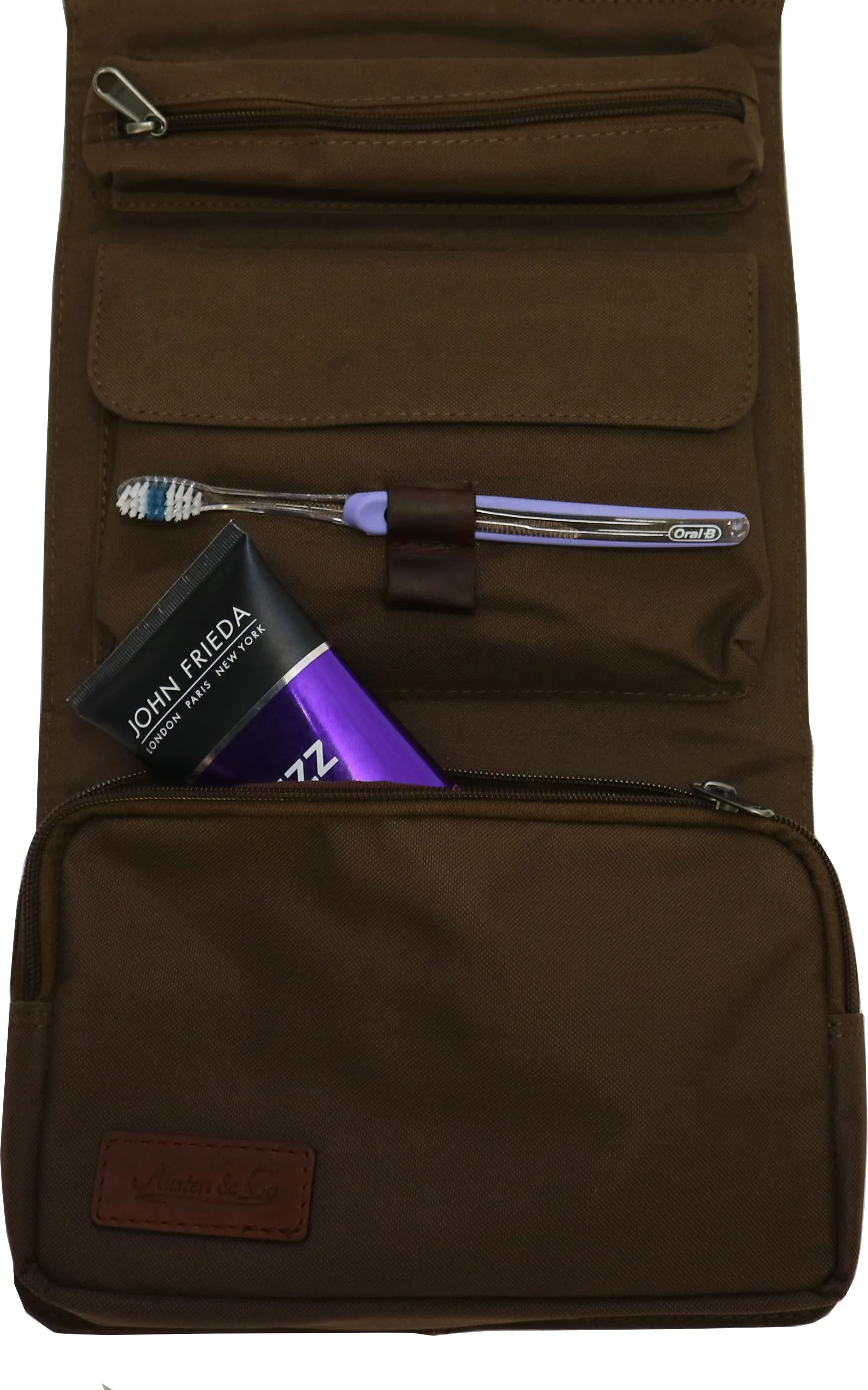 Austen & Co Tan Brown Leather Hanging Wash Bag
