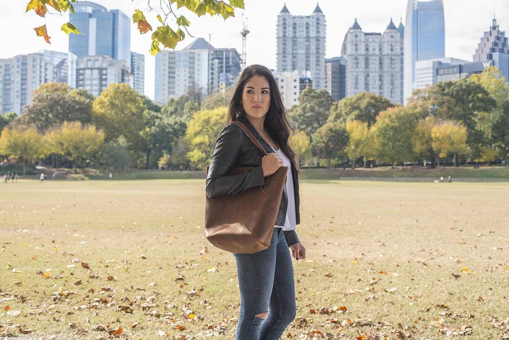 AVERY LEATHER TOTE BAG - SLIM LARGE - PEANUT BISON