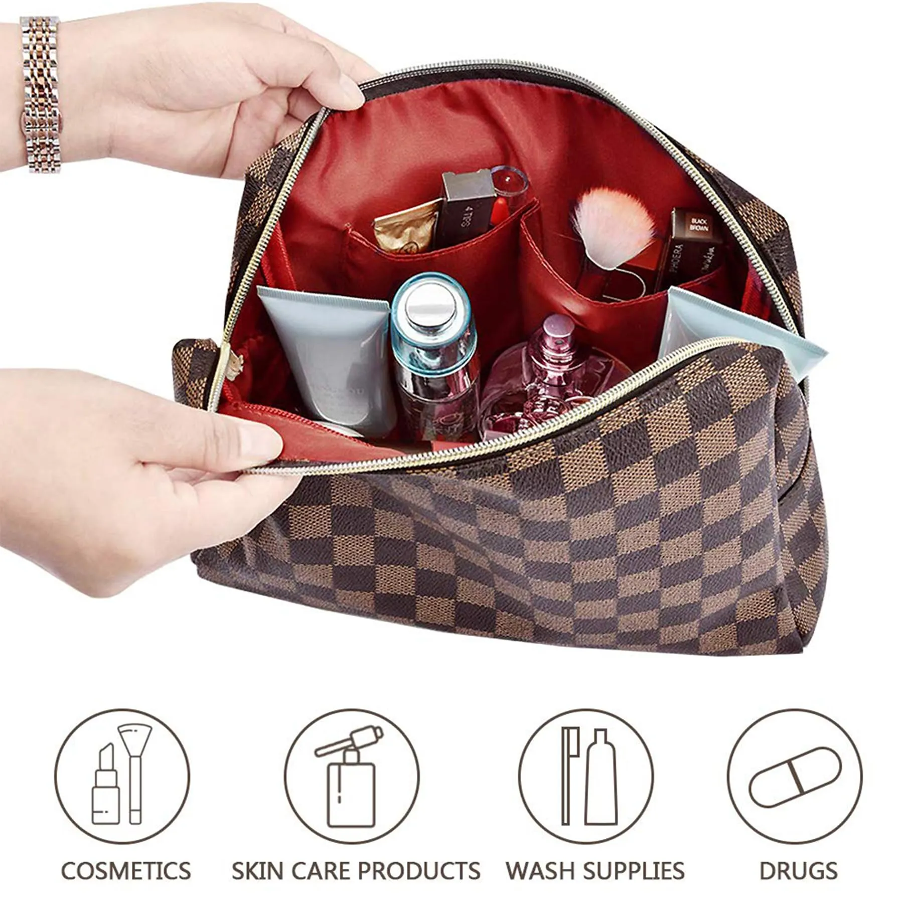 BAGCRAZY Makeup Bag, Cosmetic Bag, Portable Leather Large Checkered Makeup Bag, 2 Pack Large Capacity Travel Cosmetic Bag for Women, Lightweight Design and Waterproof Toiletries Bag Christmas Gifts