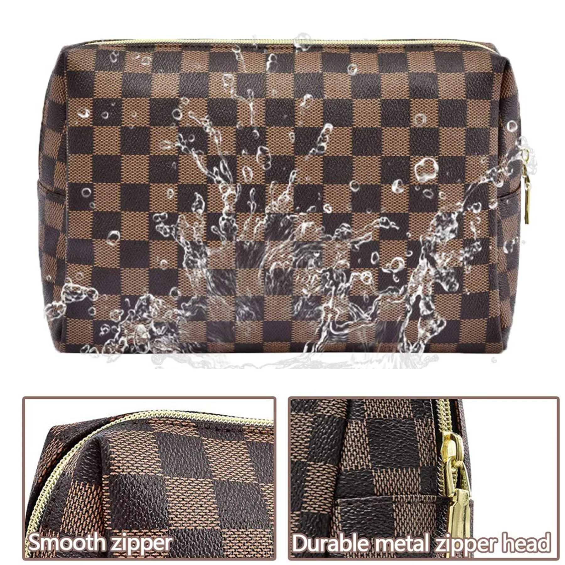 BAGCRAZY Makeup Bag, Cosmetic Bag, Portable Leather Large Checkered Makeup Bag, 2 Pack Large Capacity Travel Cosmetic Bag for Women, Lightweight Design and Waterproof Toiletries Bag Christmas Gifts