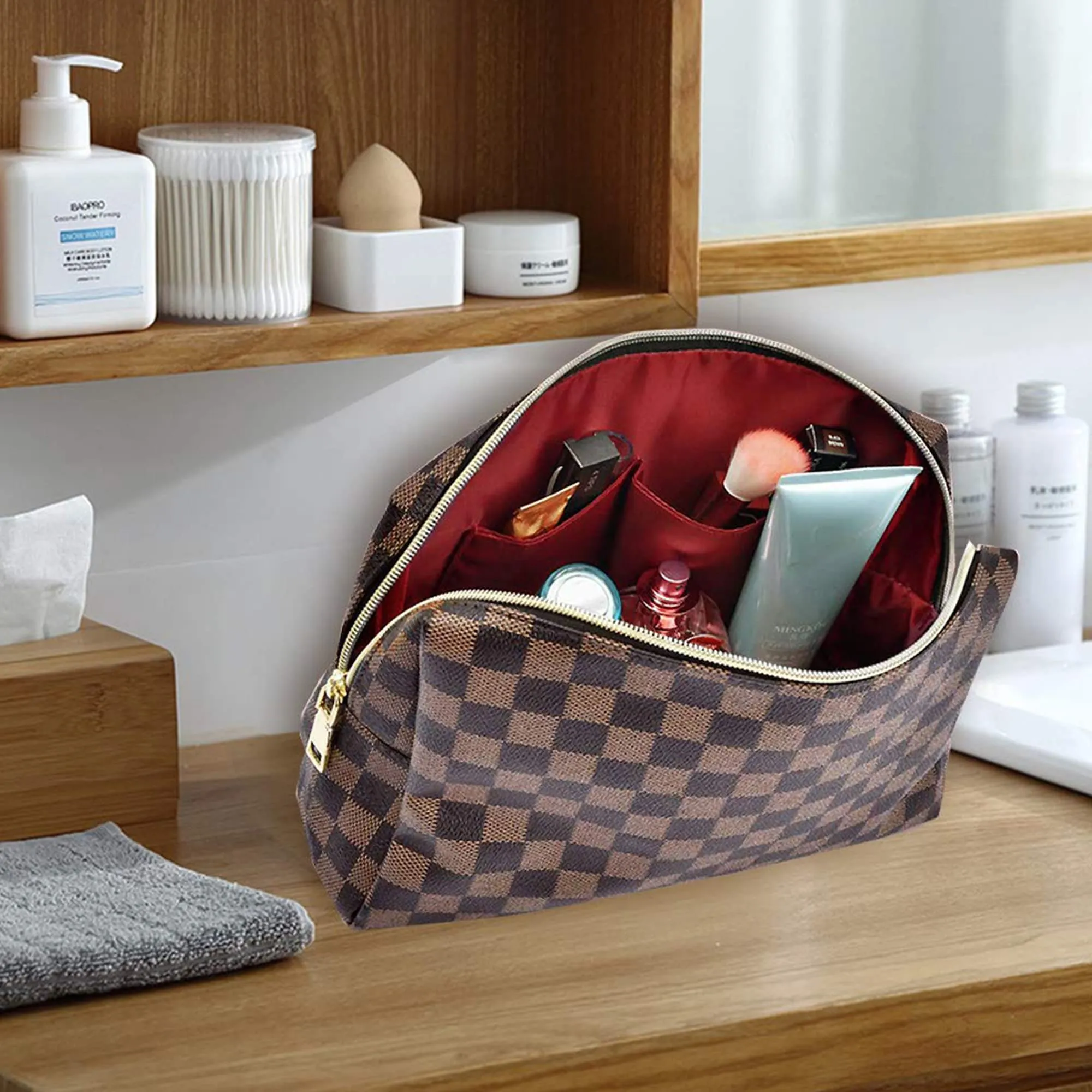 BAGCRAZY Makeup Bag, Cosmetic Bag, Portable Leather Large Checkered Makeup Bag, 2 Pack Large Capacity Travel Cosmetic Bag for Women, Lightweight Design and Waterproof Toiletries Bag Christmas Gifts
