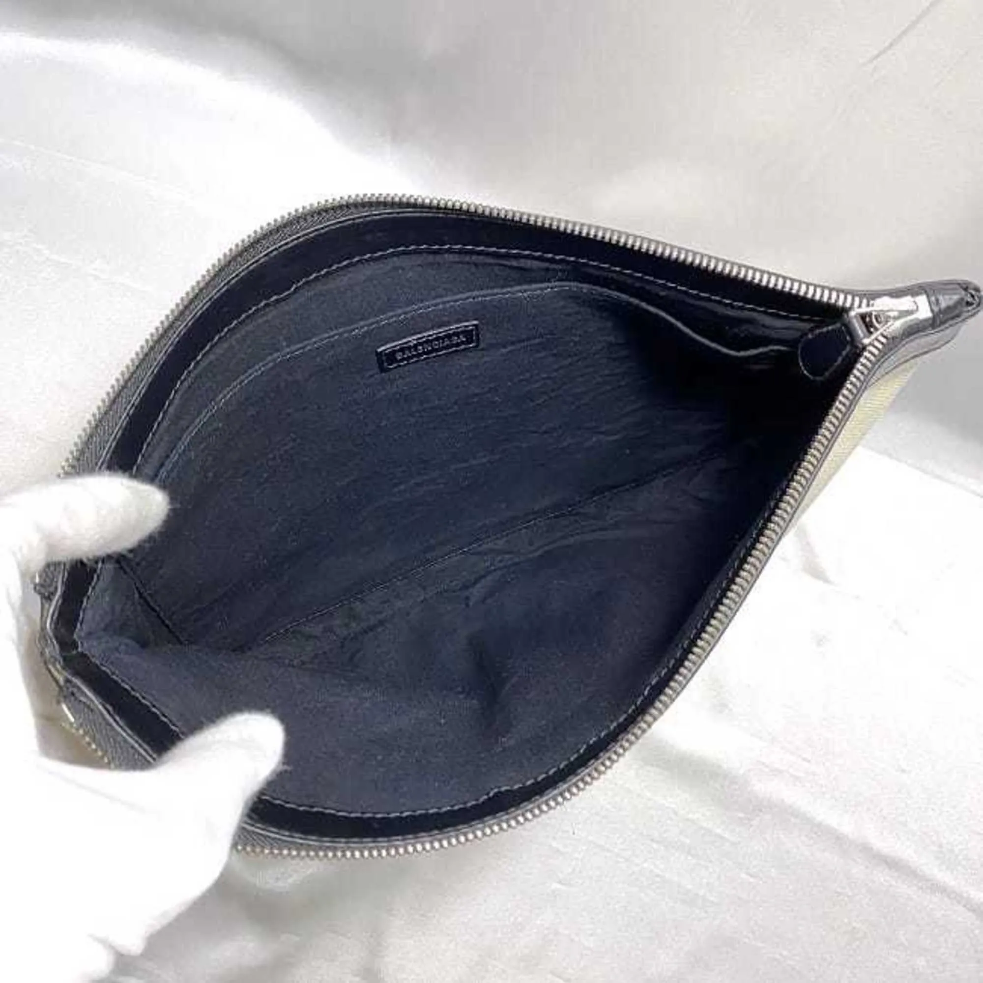 Balenciaga Clutch Bag Navy Clip Beige Black 420407 Handbag Canvas Leather BALENCIAGA Women's Men's