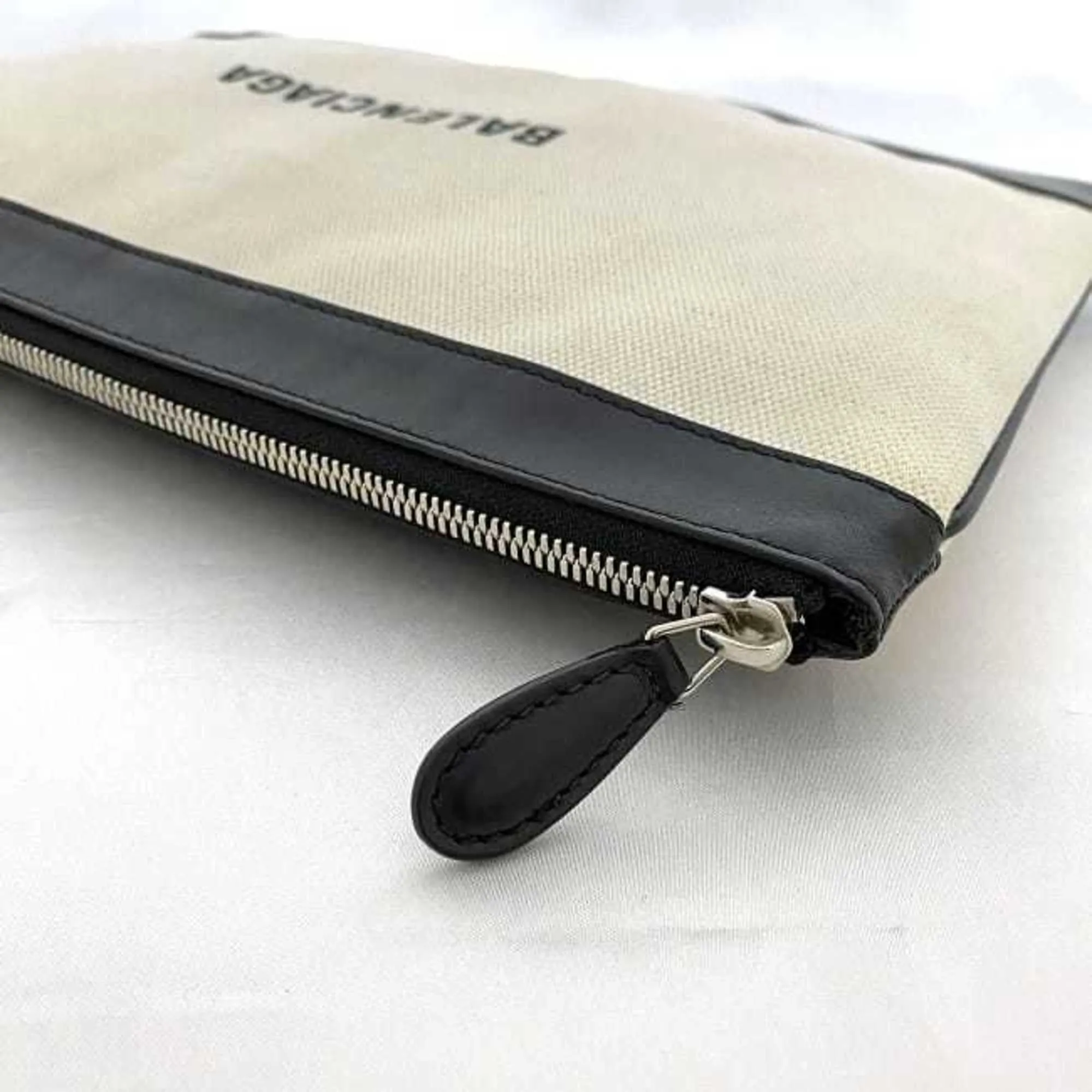 Balenciaga Clutch Bag Navy Clip Beige Black 420407 Handbag Canvas Leather BALENCIAGA Women's Men's