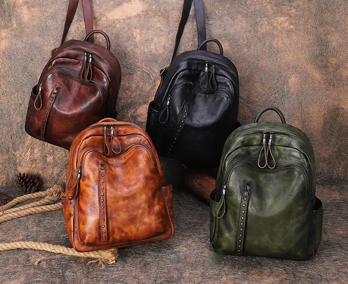 Best Brown Leather Rucksack Womens Vintage School Bag Backpack With Rivet Leather Backpack Purse