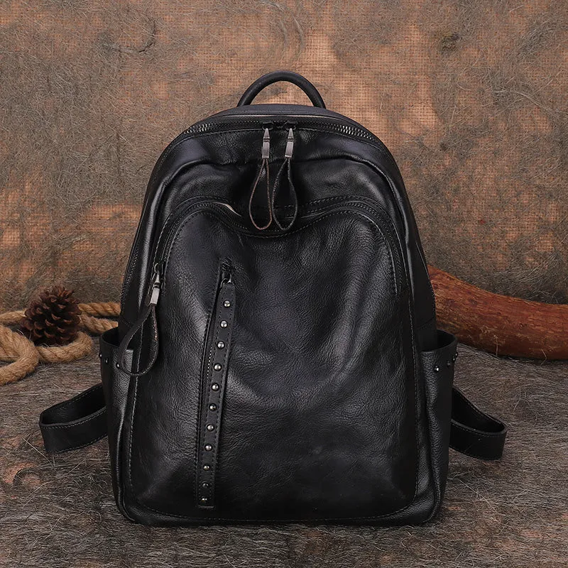 Best Brown Leather Rucksack Womens Vintage School Bag Backpack With Rivet Leather Backpack Purse