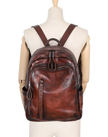 Best Brown Leather Rucksack Womens Vintage School Bag Backpack With Rivet Leather Backpack Purse