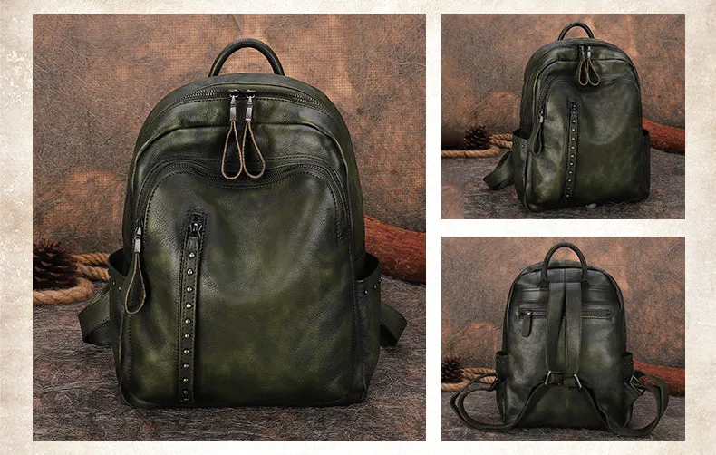 Best Brown Leather Rucksack Womens Vintage School Bag Backpack With Rivet Leather Backpack Purse