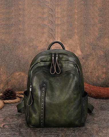 Best Brown Leather Rucksack Womens Vintage School Bag Backpack With Rivet Leather Backpack Purse
