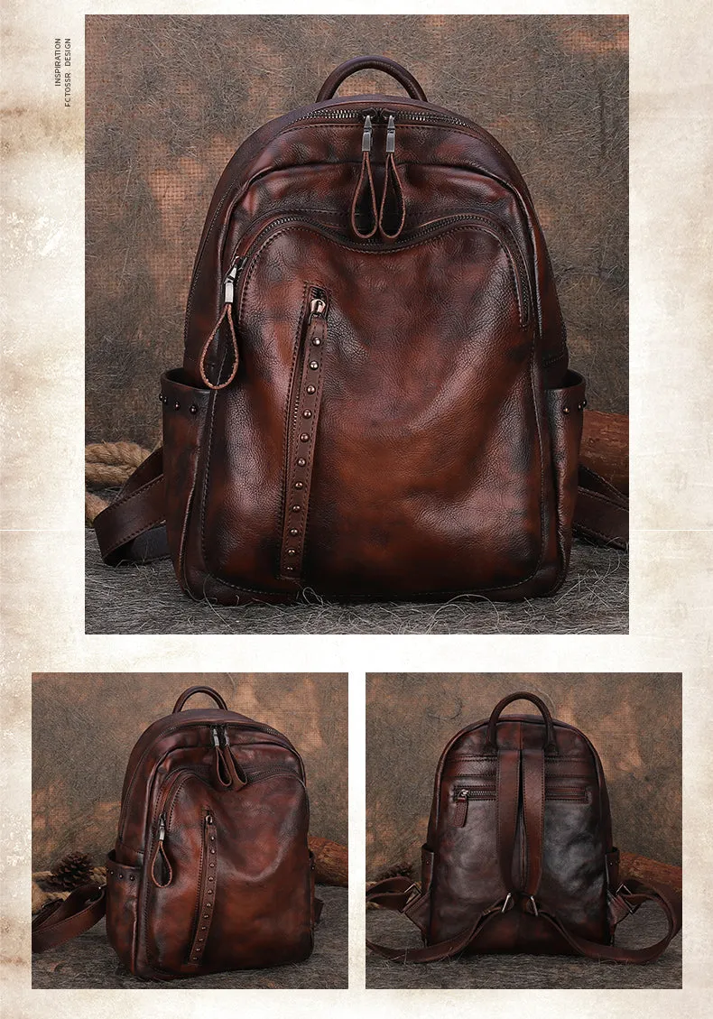 Best Brown Leather Rucksack Womens Vintage School Bag Backpack With Rivet Leather Backpack Purse