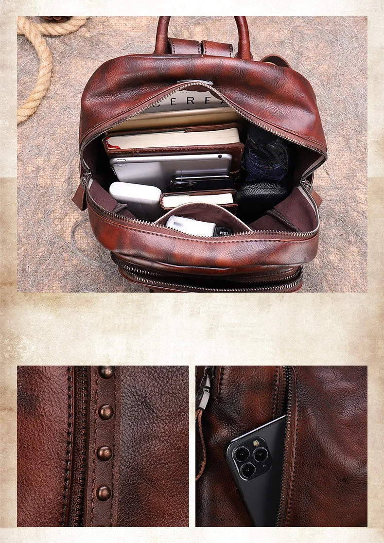 Best Brown Leather Rucksack Womens Vintage School Bag Backpack With Rivet Leather Backpack Purse