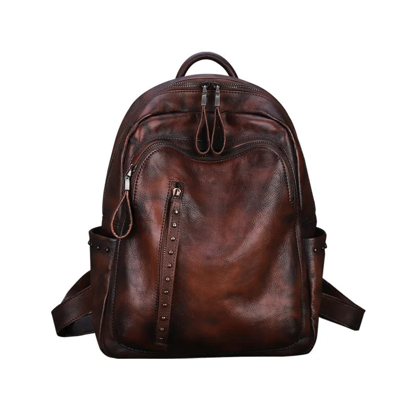 Best Brown Leather Rucksack Womens Vintage School Bag Backpack With Rivet Leather Backpack Purse