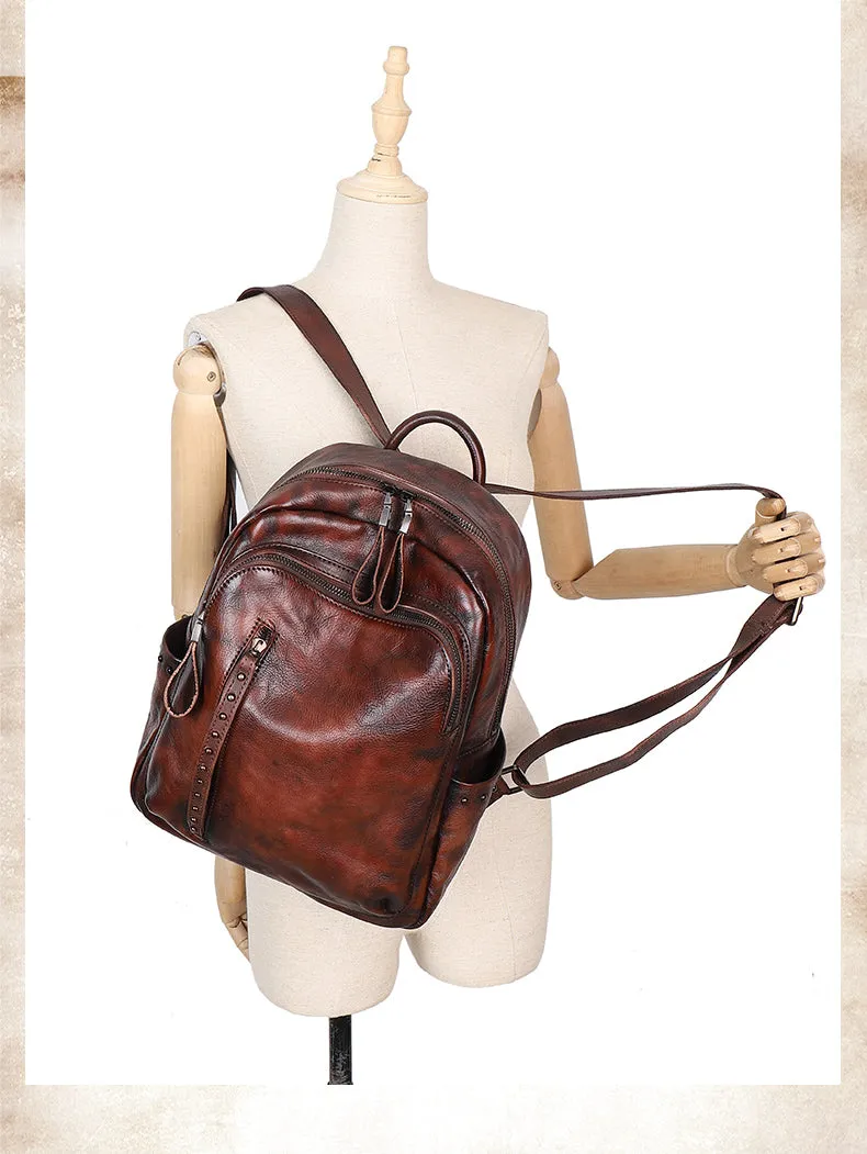 Best Brown Leather Rucksack Womens Vintage School Bag Backpack With Rivet Leather Backpack Purse