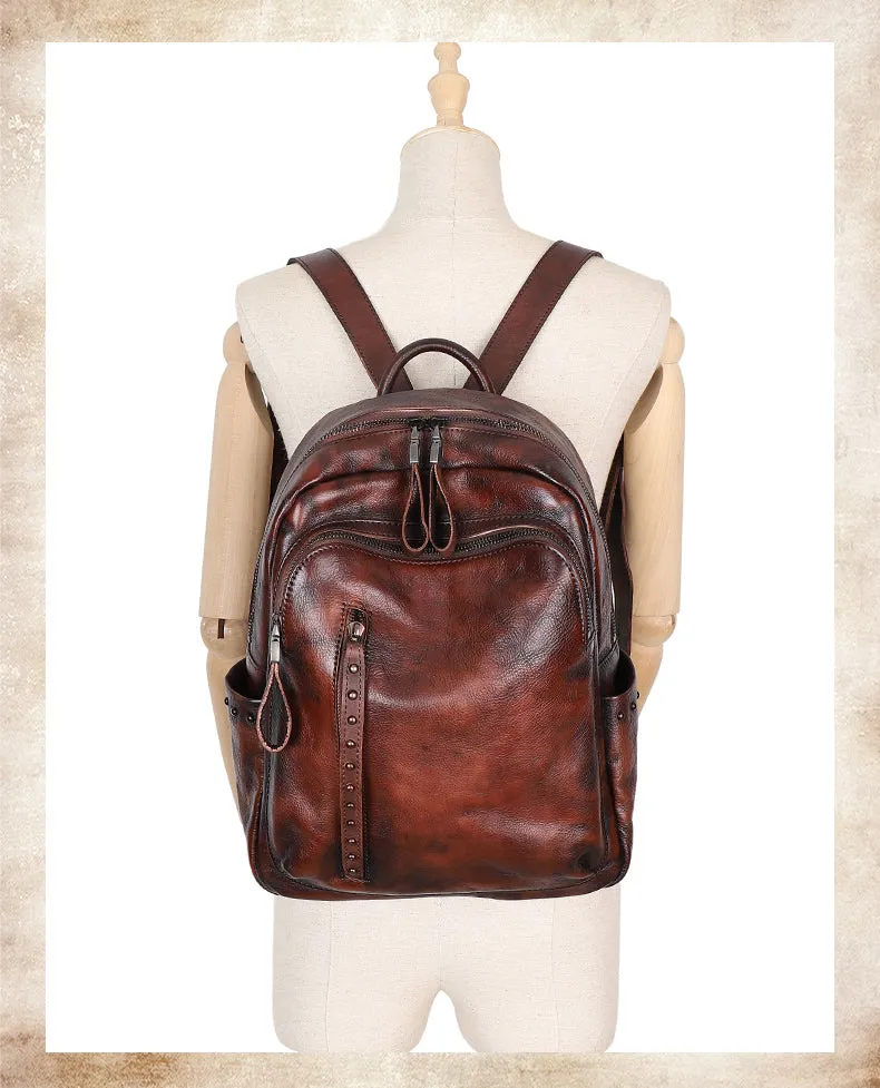 Best Brown Leather Rucksack Womens Vintage School Bag Backpack With Rivet Leather Backpack Purse