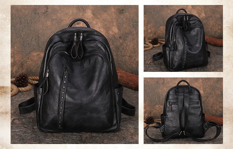 Best Brown Leather Rucksack Womens Vintage School Bag Backpack With Rivet Leather Backpack Purse
