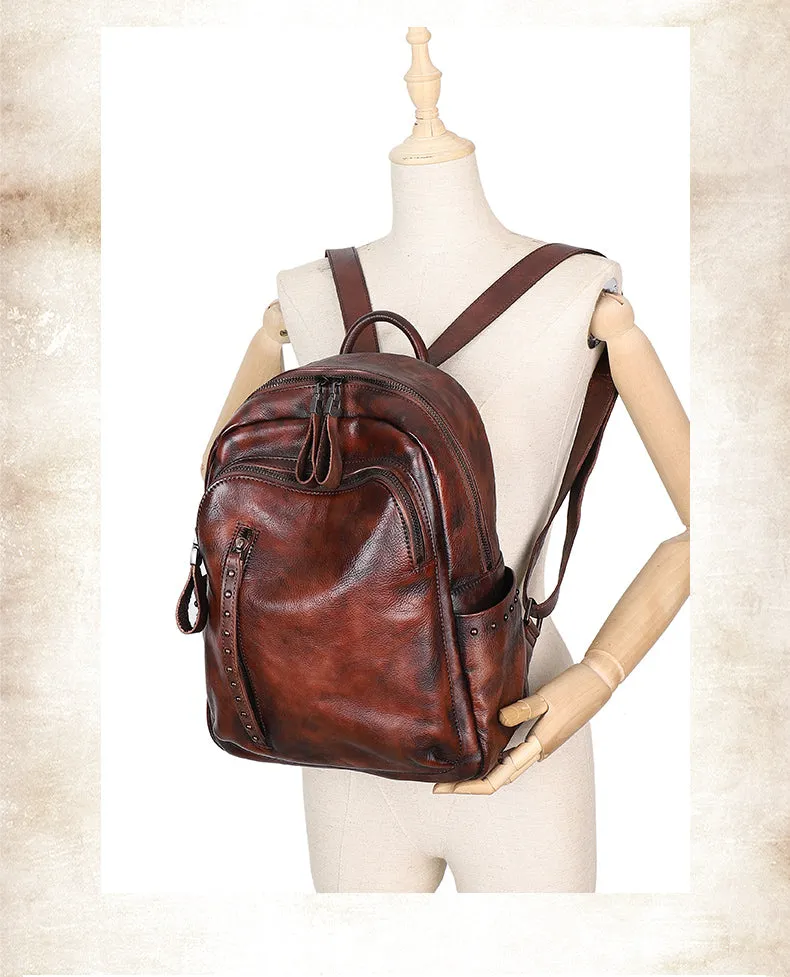 Best Brown Leather Rucksack Womens Vintage School Bag Backpack With Rivet Leather Backpack Purse