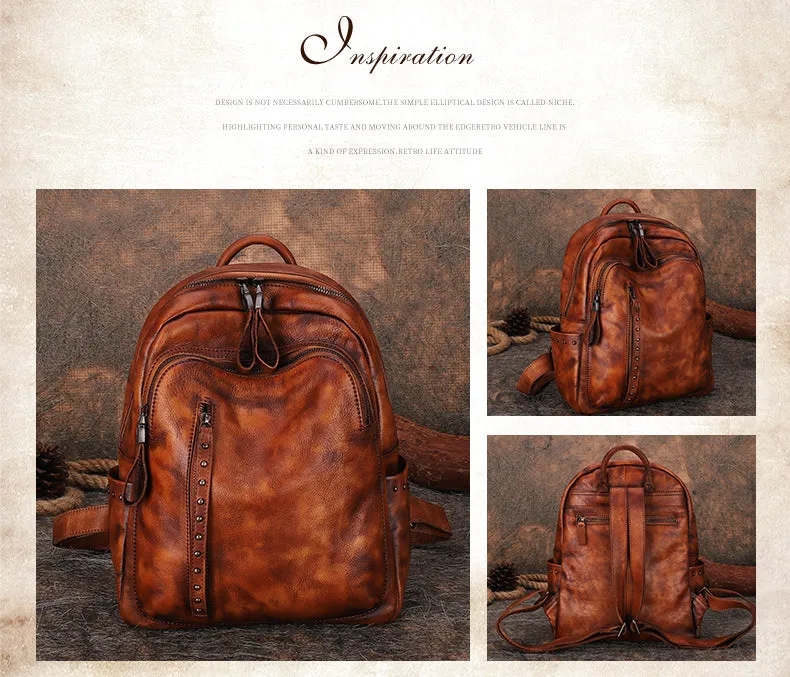 Best Brown Leather Rucksack Womens Vintage School Bag Backpack With Rivet Leather Backpack Purse