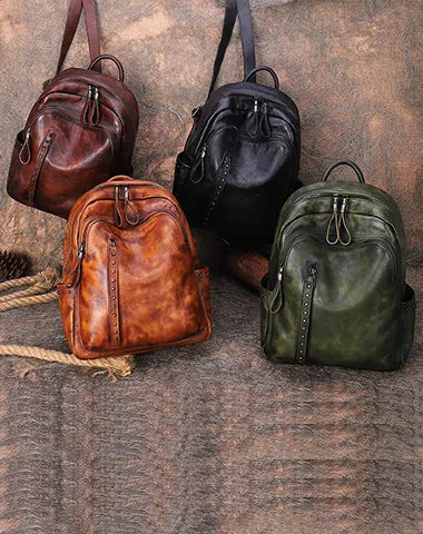 Best Brown Leather Rucksack Womens Vintage School Bag Backpack With Rivet Leather Backpack Purse