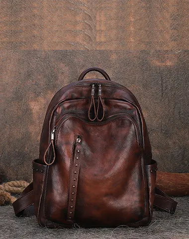 Best Brown Leather Rucksack Womens Vintage School Bag Backpack With Rivet Leather Backpack Purse