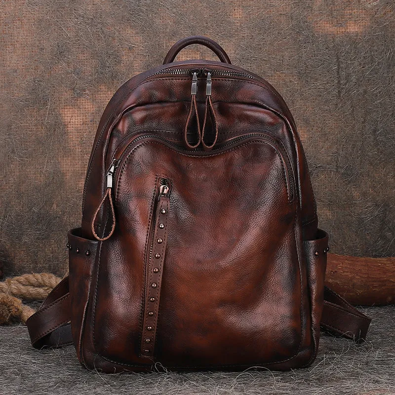 Best Brown Leather Rucksack Womens Vintage School Bag Backpack With Rivet Leather Backpack Purse