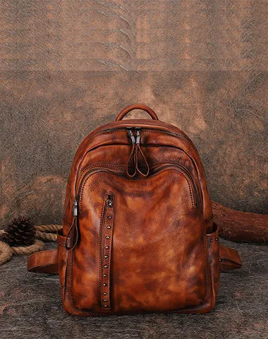 Best Brown Leather Rucksack Womens Vintage School Bag Backpack With Rivet Leather Backpack Purse