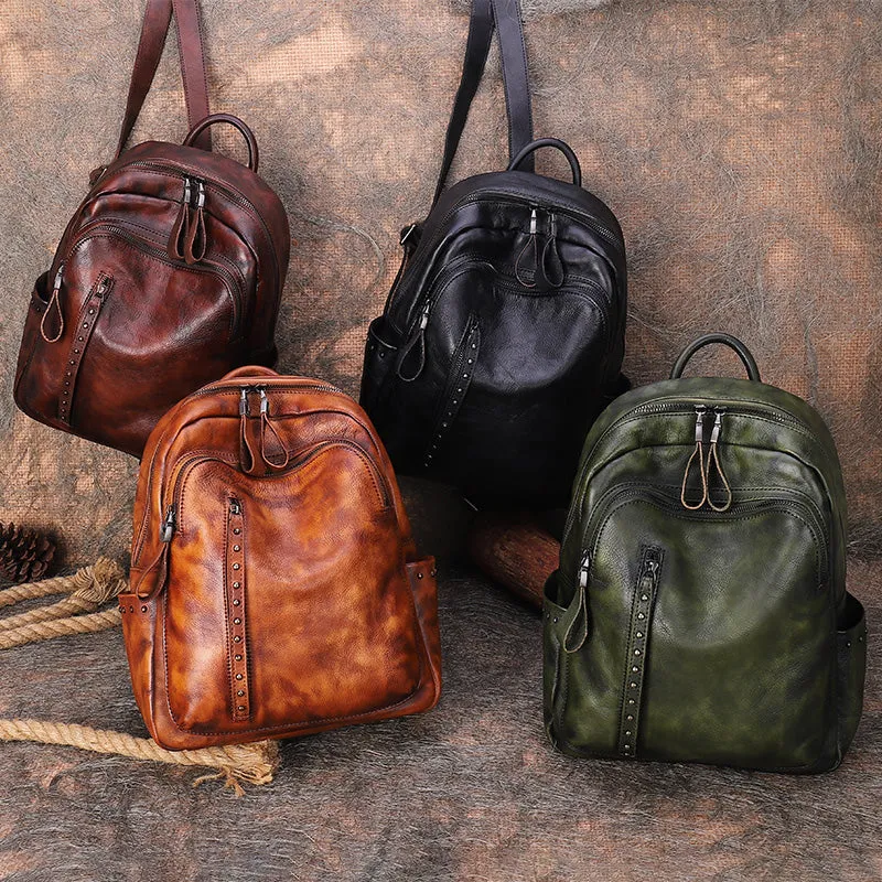 Best Brown Leather Rucksack Womens Vintage School Bag Backpack With Rivet Leather Backpack Purse