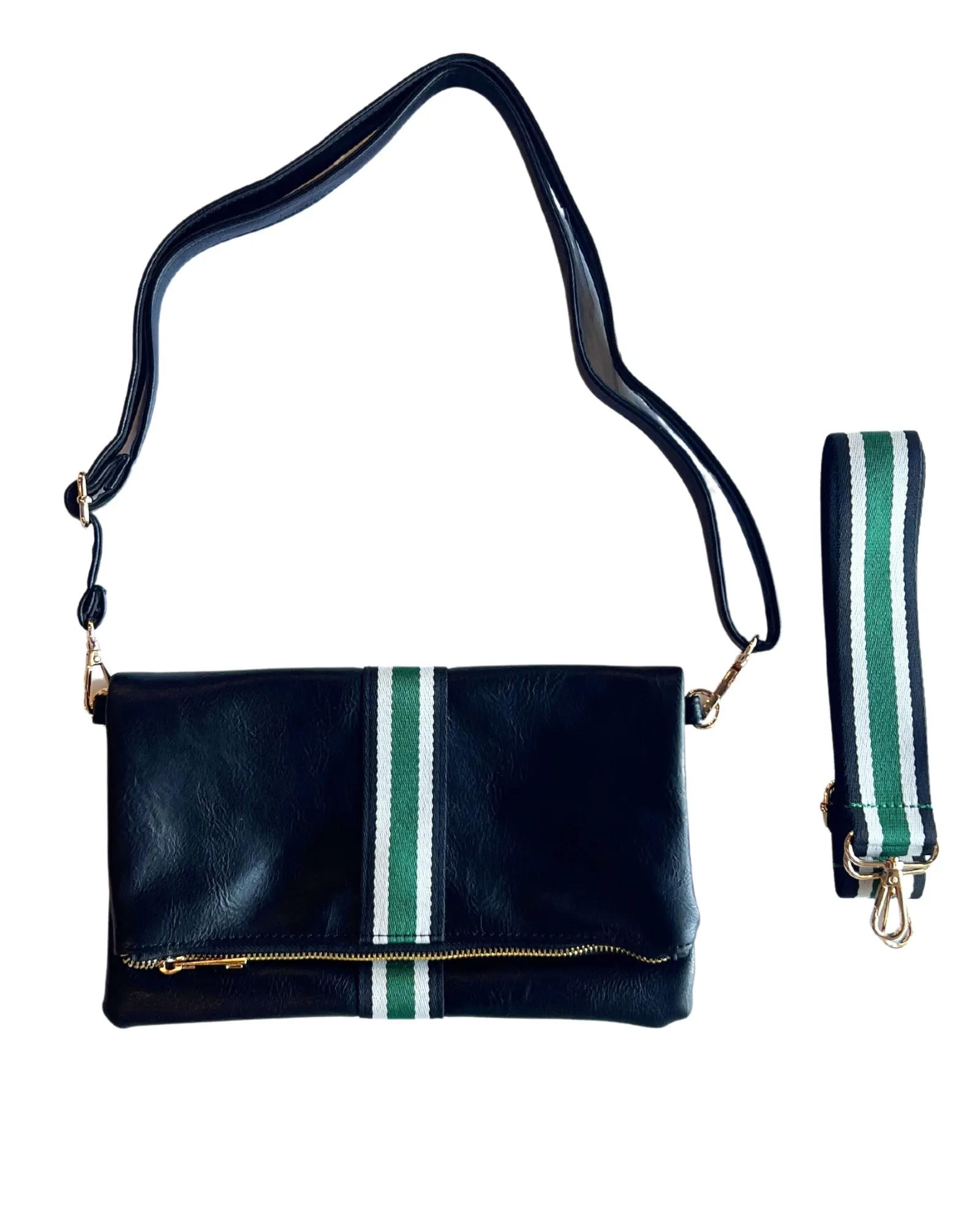 Black   Green Stripe Vegan Crossbody, Belt Bag   Clutch