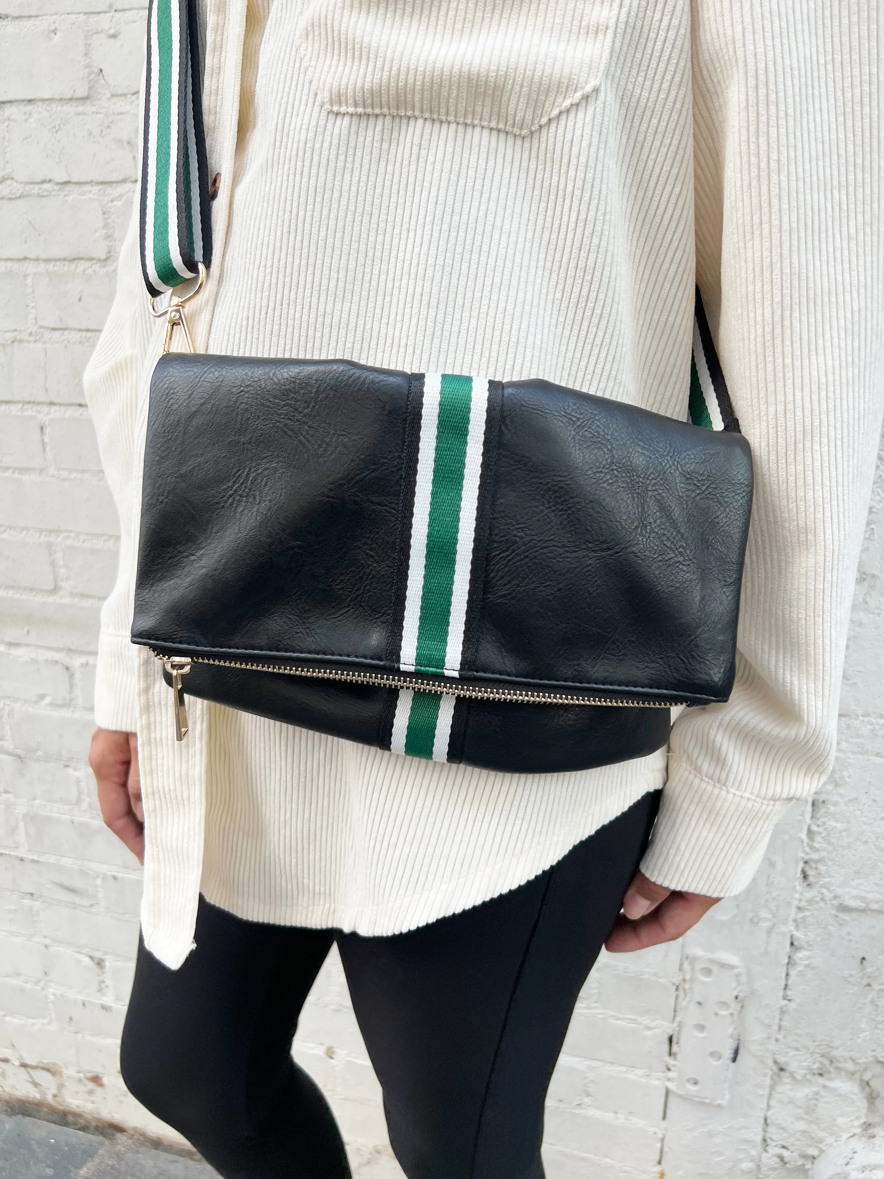 Black   Green Stripe Vegan Crossbody, Belt Bag   Clutch