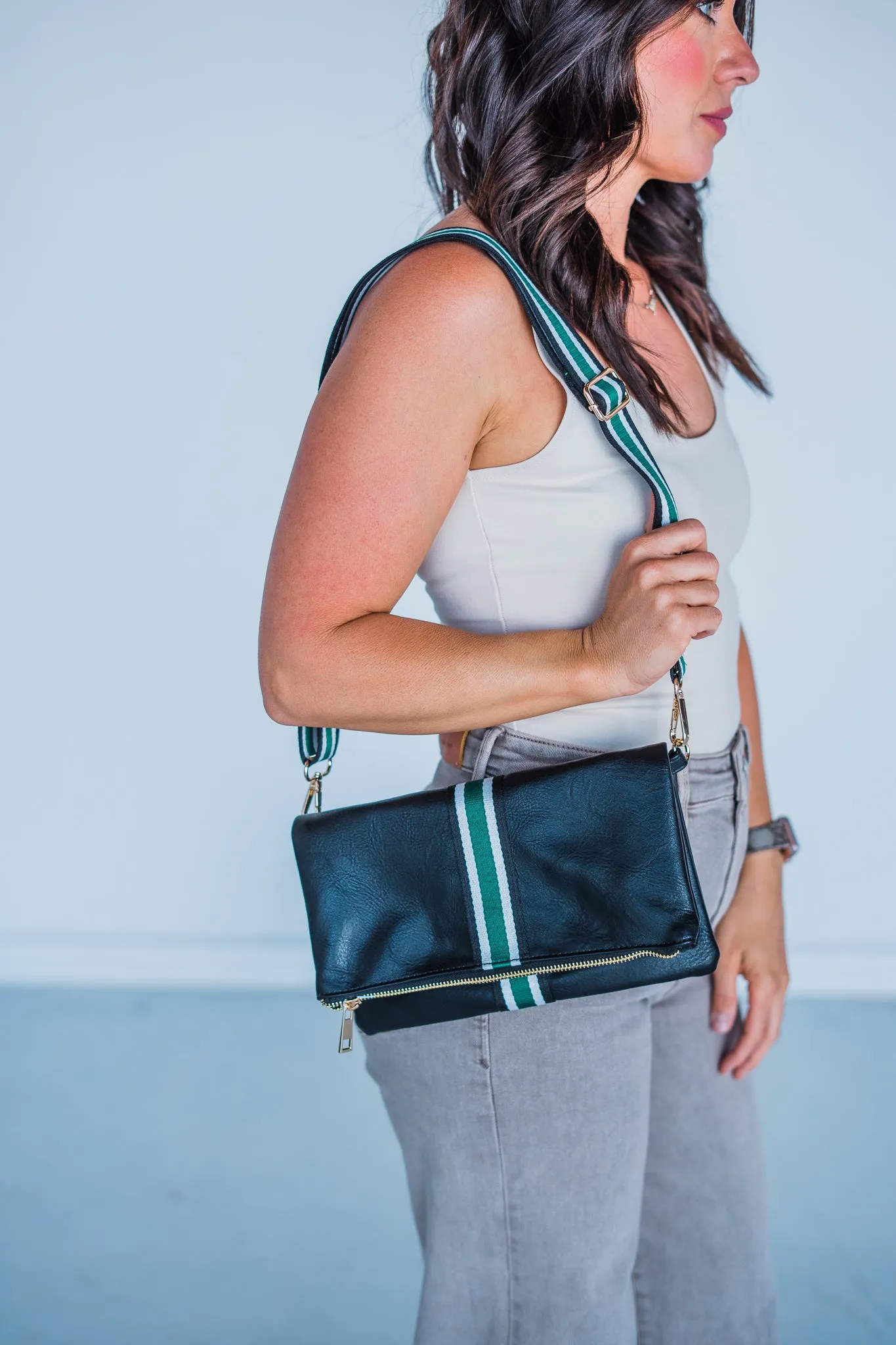 Black   Green Stripe Vegan Crossbody, Belt Bag   Clutch