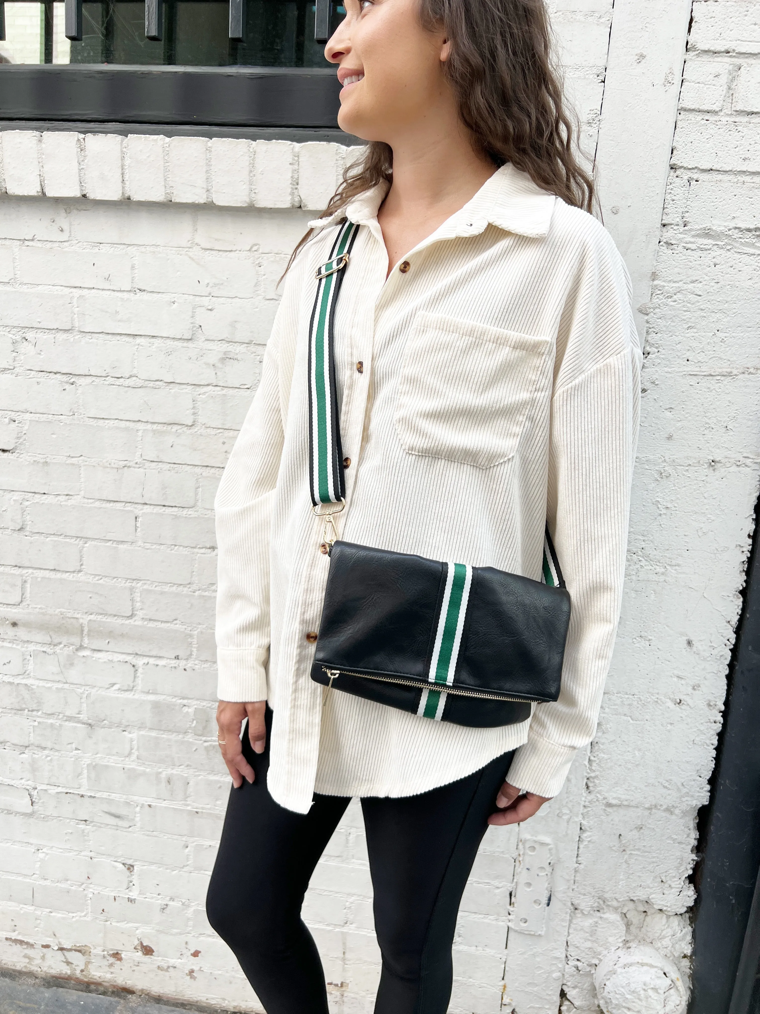 Black   Green Stripe Vegan Crossbody, Belt Bag   Clutch