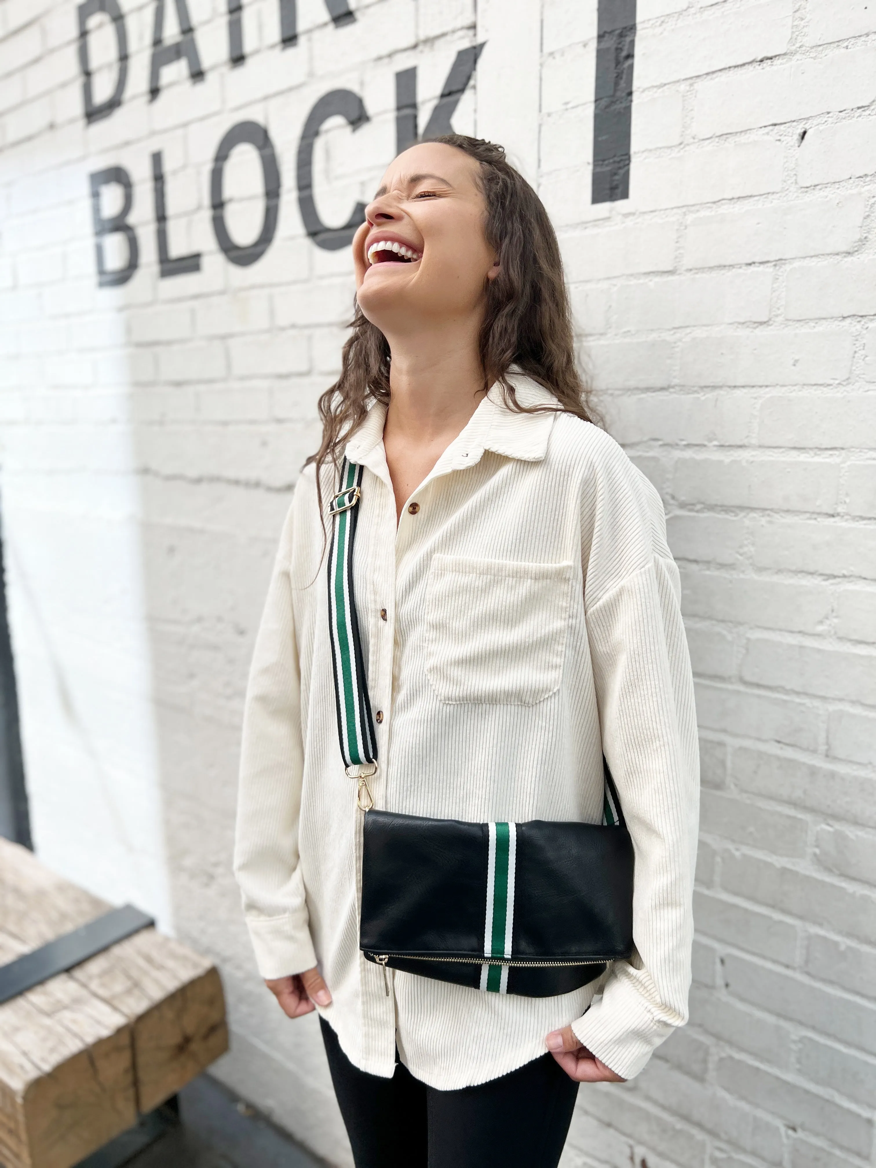 Black   Green Stripe Vegan Crossbody, Belt Bag   Clutch