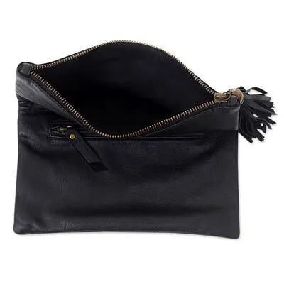 Black Leather and Suede Foldover Clutch Handbag, 'Empress in Black'
