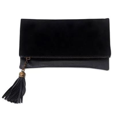 Black Leather and Suede Foldover Clutch Handbag, 'Empress in Black'