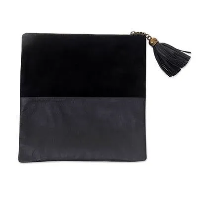 Black Leather and Suede Foldover Clutch Handbag, 'Empress in Black'