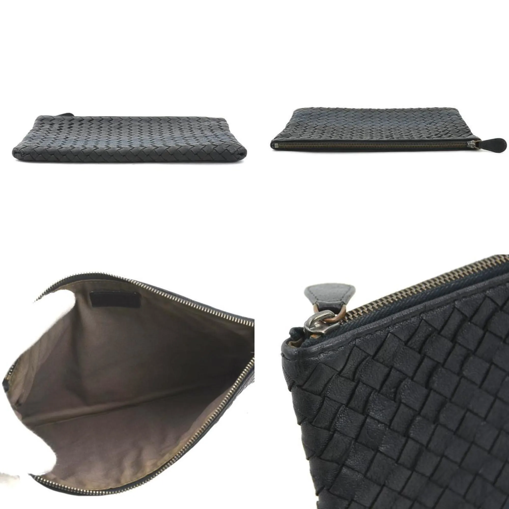 Bottega Veneta Clutch Bag Pouch Intrecciato Leather Black x Navy Men's Women's r10374a