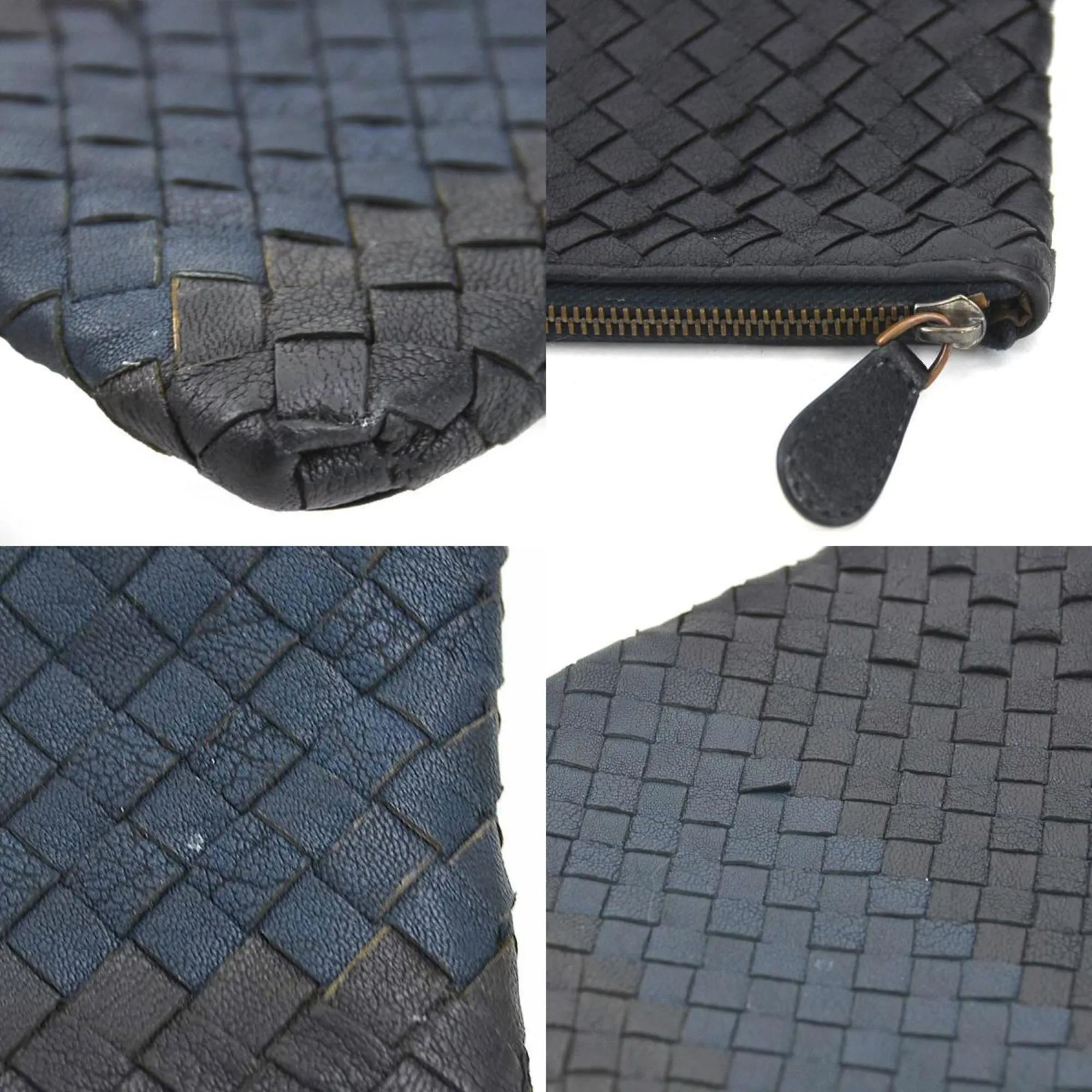 Bottega Veneta Clutch Bag Pouch Intrecciato Leather Black x Navy Men's Women's r10374a