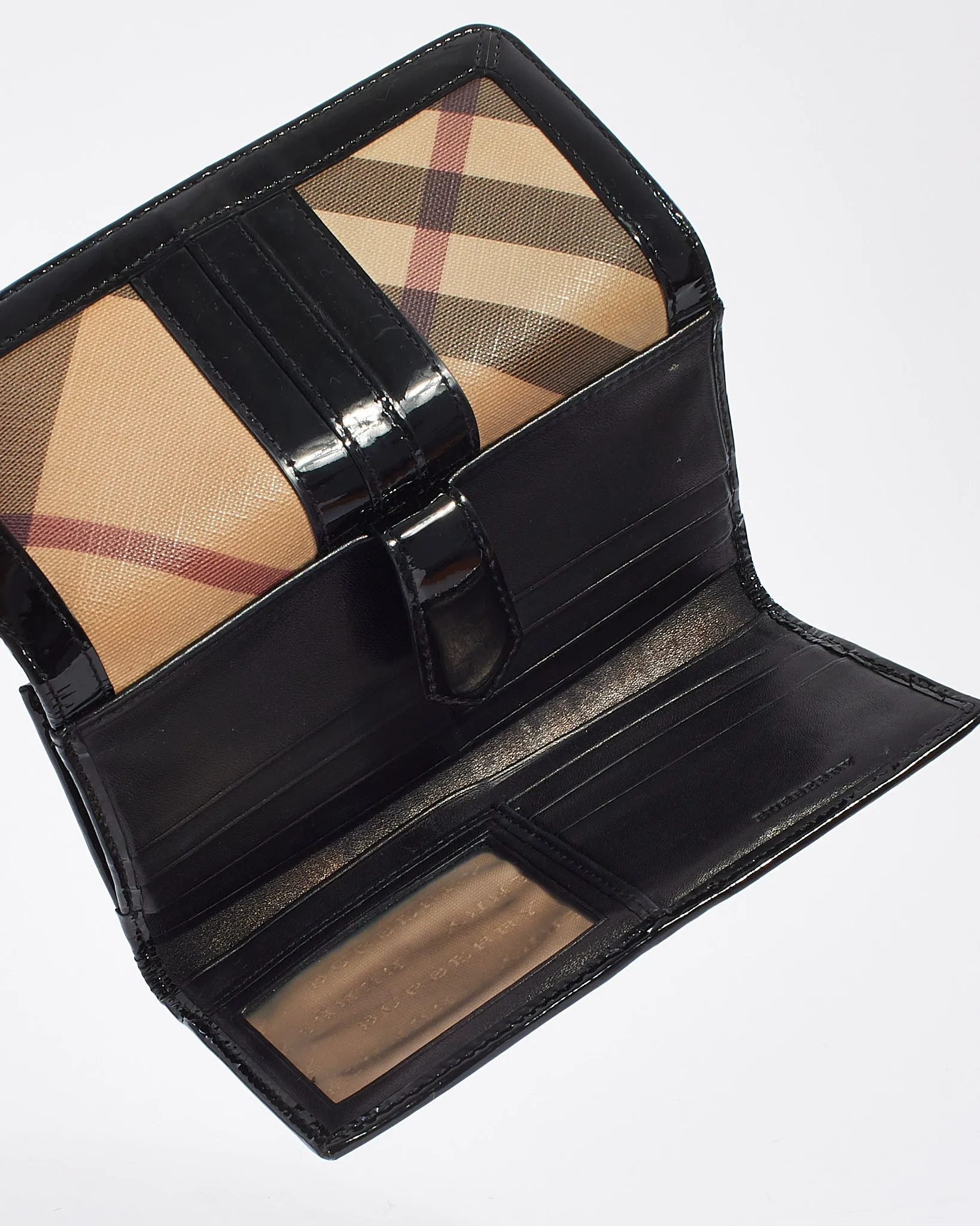 Burberry Black Patent Leather Nova Check Coated Canvas Long Wallet