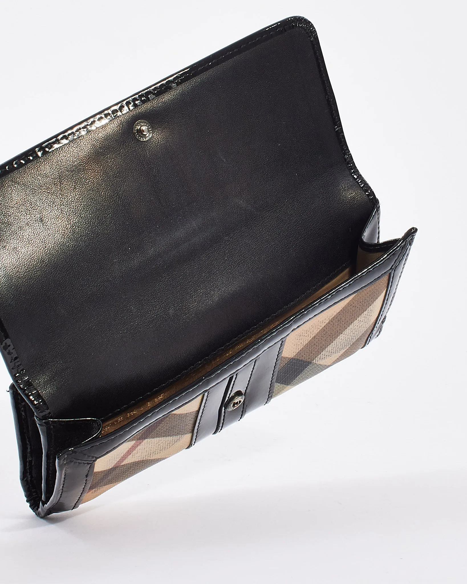 Burberry Black Patent Leather Nova Check Coated Canvas Long Wallet