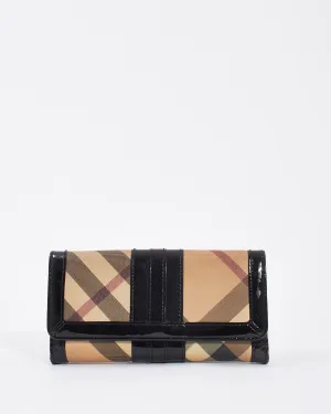 Burberry Black Patent Leather Nova Check Coated Canvas Long Wallet