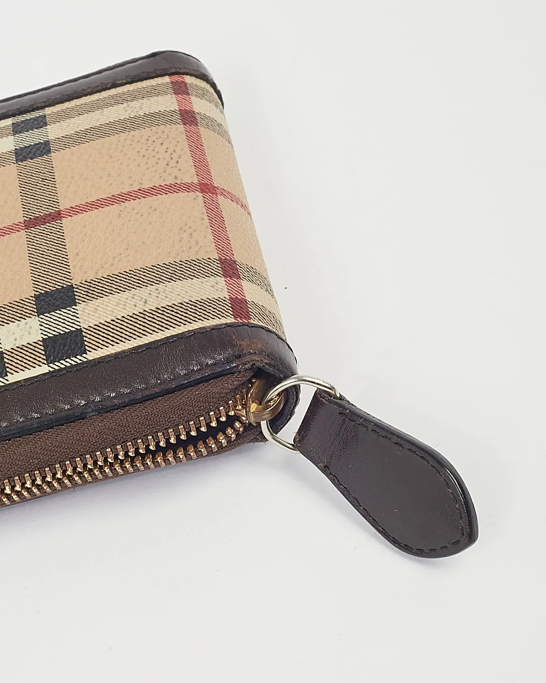 Burberry Brown Leather Beige Nova Check Coated Canvas Zippy Wallet
