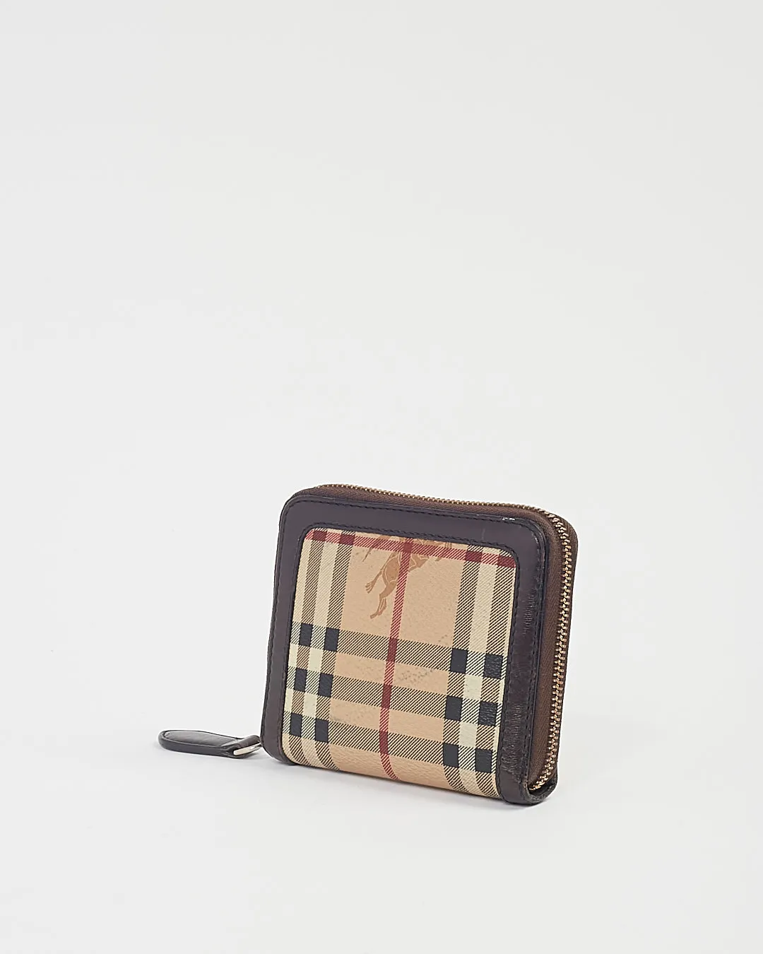Burberry Brown Leather Beige Nova Check Coated Canvas Zippy Wallet
