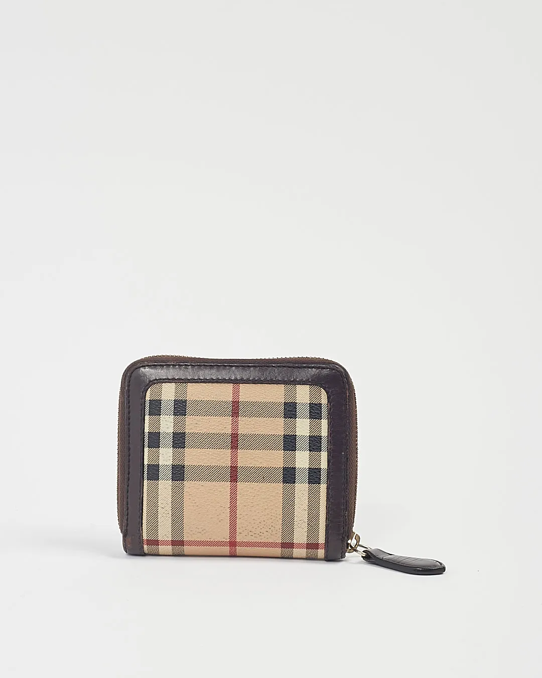 Burberry Brown Leather Beige Nova Check Coated Canvas Zippy Wallet