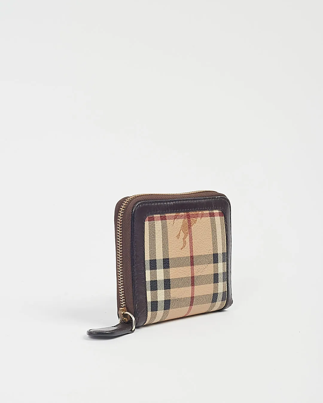 Burberry Brown Leather Beige Nova Check Coated Canvas Zippy Wallet