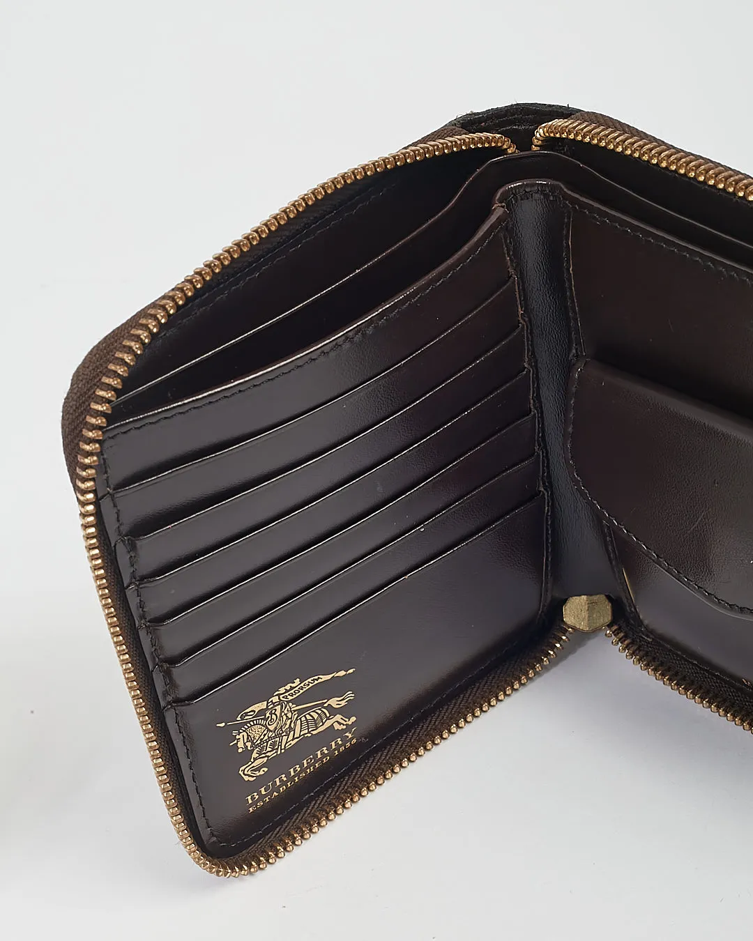 Burberry Brown Leather Beige Nova Check Coated Canvas Zippy Wallet