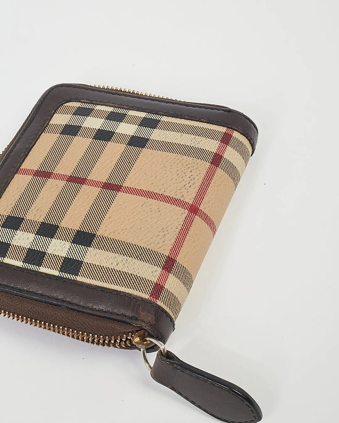 Burberry Brown Leather Beige Nova Check Coated Canvas Zippy Wallet