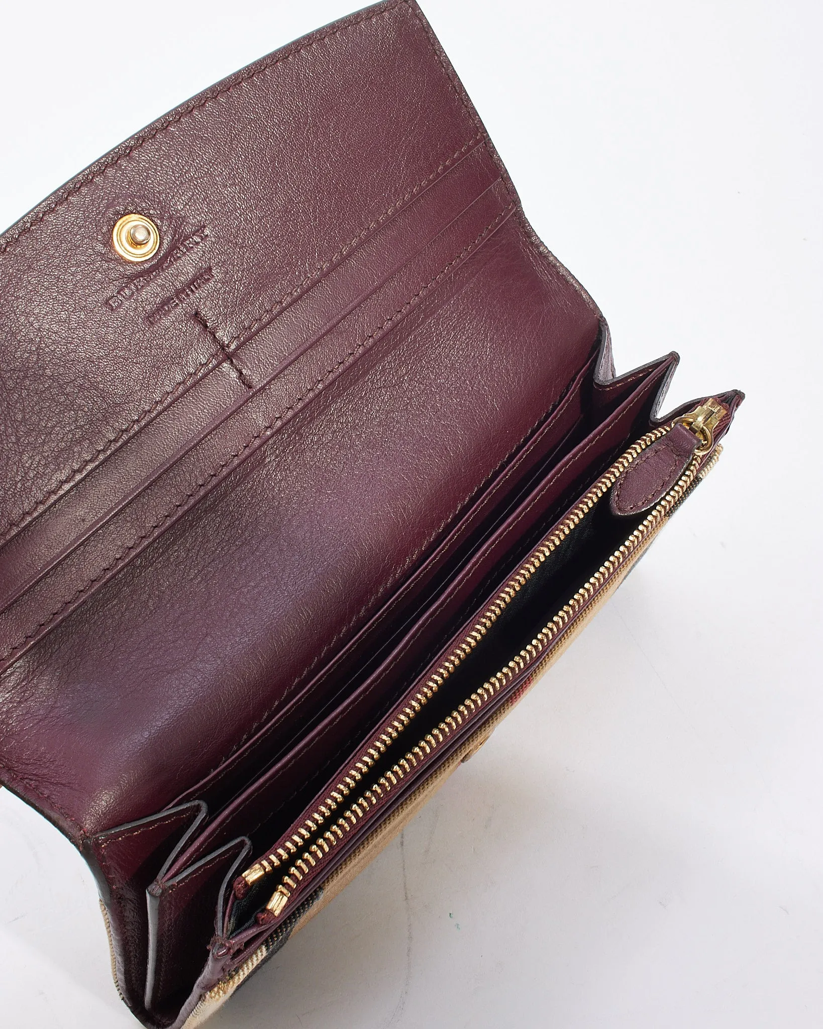 Burberry Plum Leather House Check Canvas Long Wallet