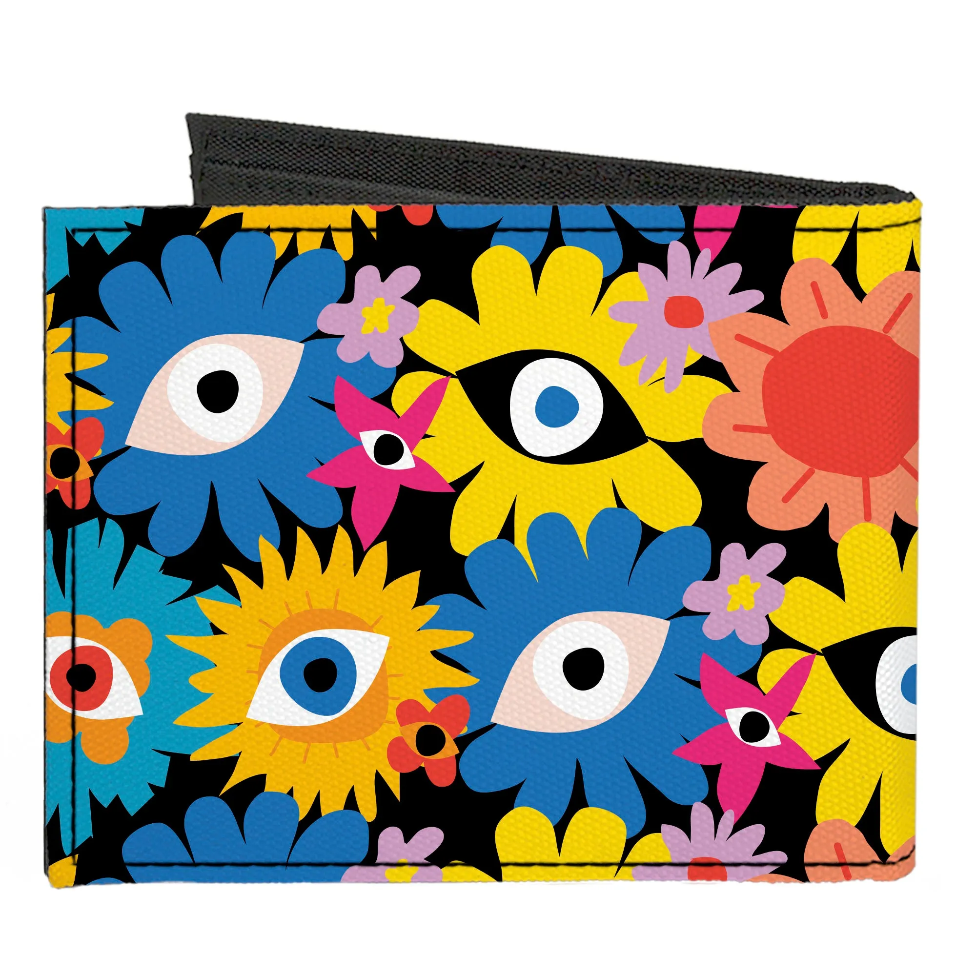 Canvas Bi-Fold Wallet - Funky Eye Flowers Black/Multi Color