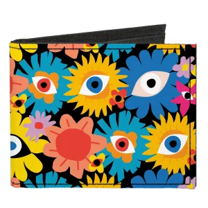Canvas Bi-Fold Wallet - Funky Eye Flowers Black/Multi Color